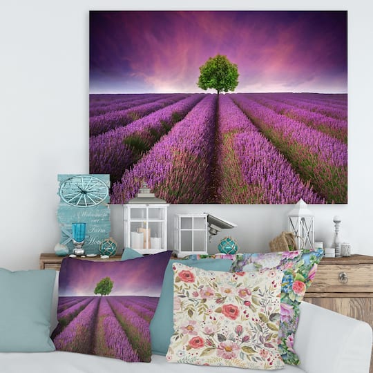 Designart - Stunning Lavender Field Summer Sunset With Tree